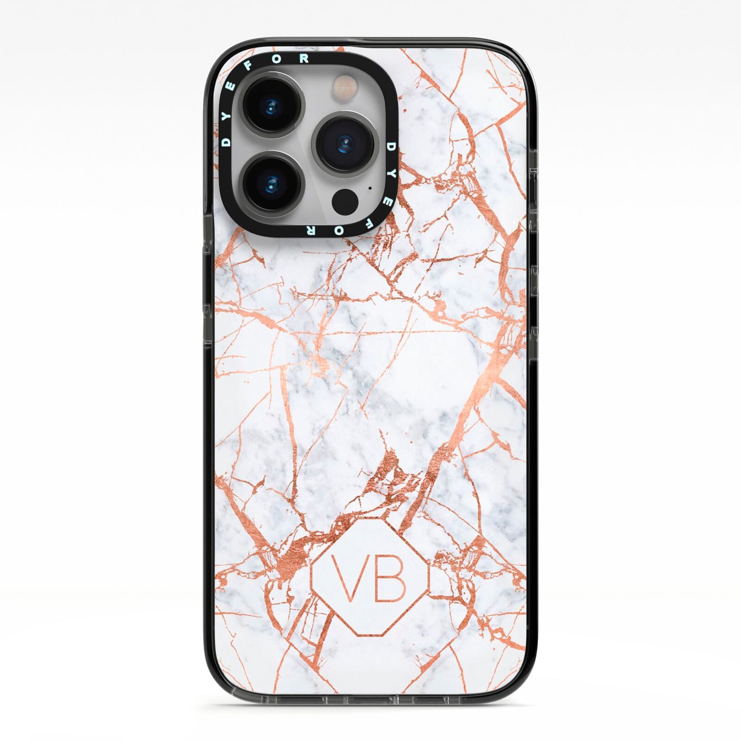 Personalised Rose Gold Vein Marble Initials iPhone 13 Pro Black Impact Case on Silver phone