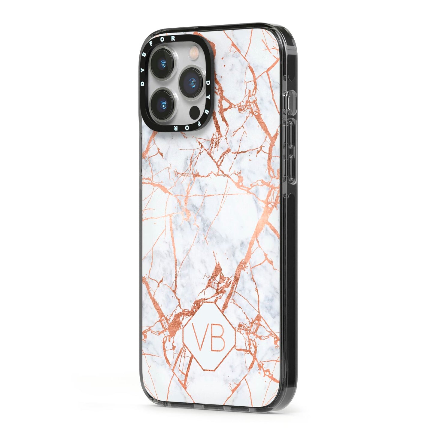Personalised Rose Gold Vein Marble Initials iPhone 13 Pro Max Black Impact Case Side Angle on Silver phone