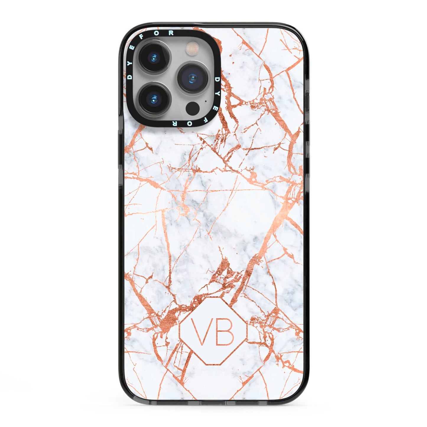 Personalised Rose Gold Vein Marble Initials iPhone 13 Pro Max Black Impact Case on Silver phone