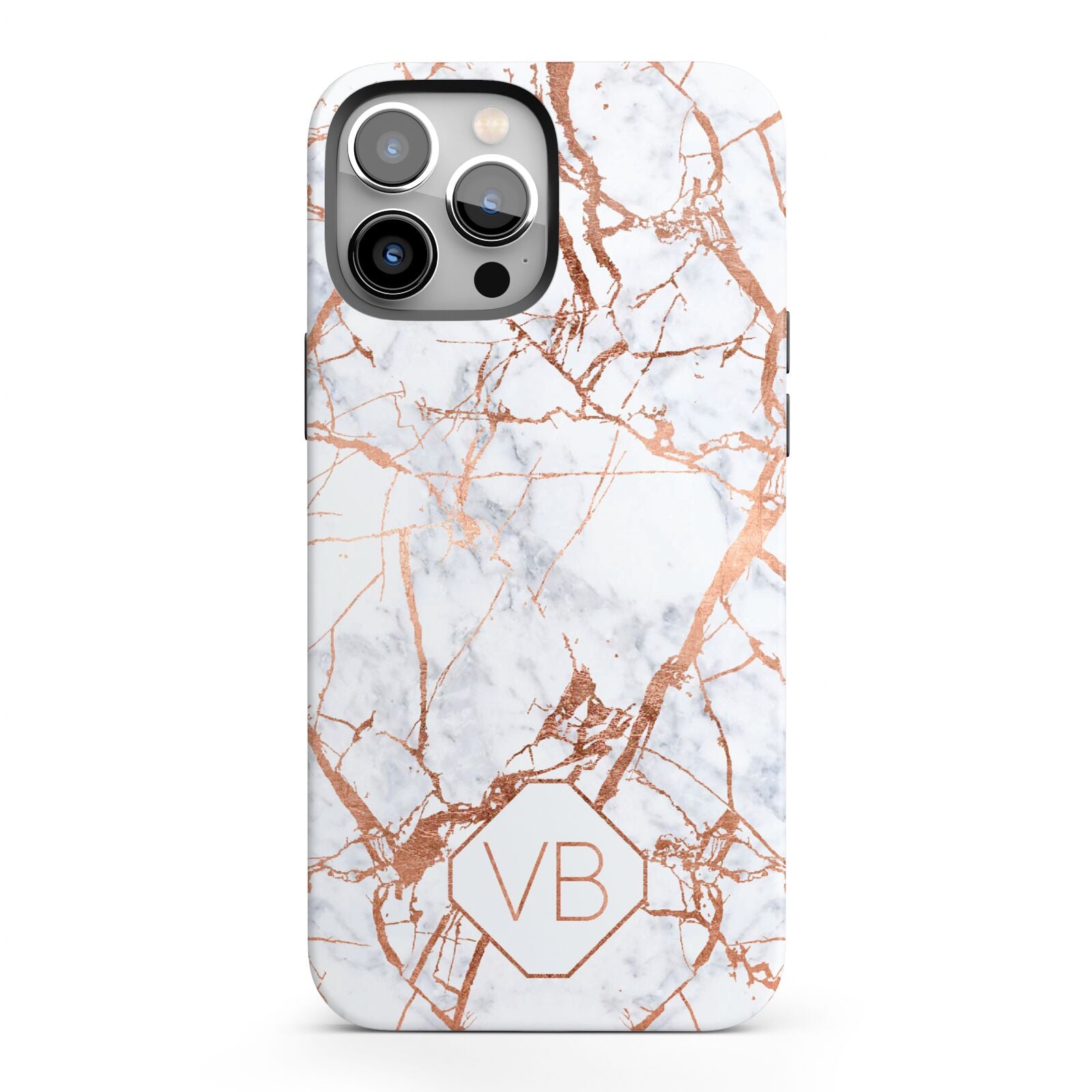 Personalised Rose Gold Vein Marble Initials iPhone 13 Pro Max Full Wrap 3D Tough Case