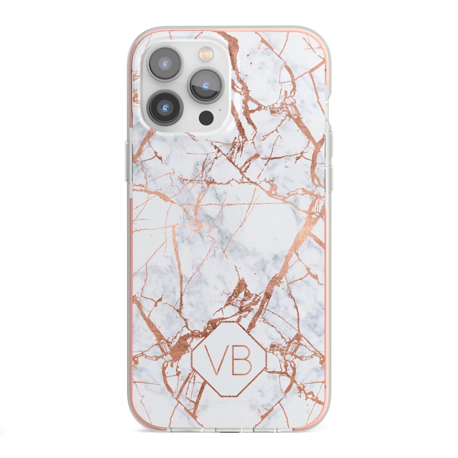 Personalised Rose Gold Vein Marble Initials iPhone 13 Pro Max TPU Impact Case with Pink Edges