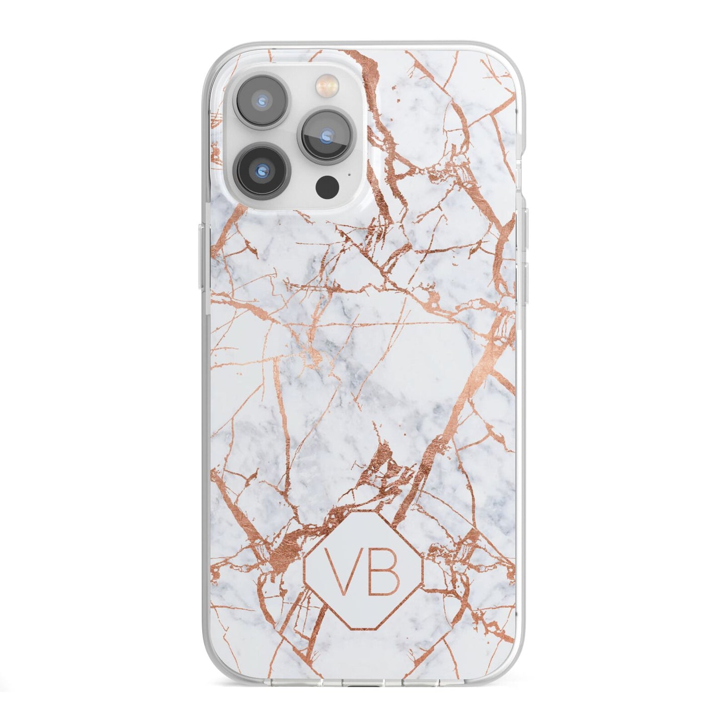 Personalised Rose Gold Vein Marble Initials iPhone 13 Pro Max TPU Impact Case with White Edges