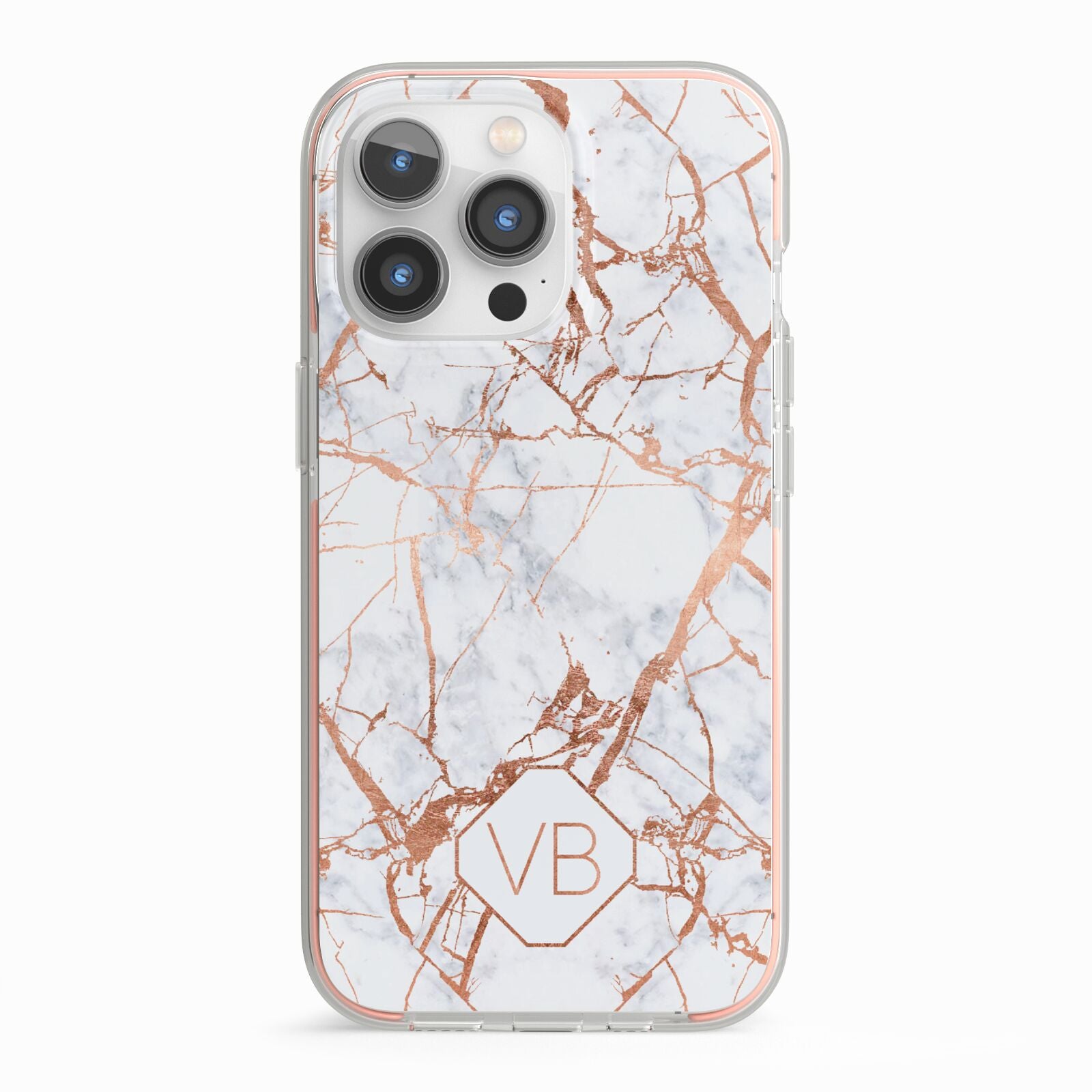 Personalised Rose Gold Vein Marble Initials iPhone 13 Pro TPU Impact Case with Pink Edges