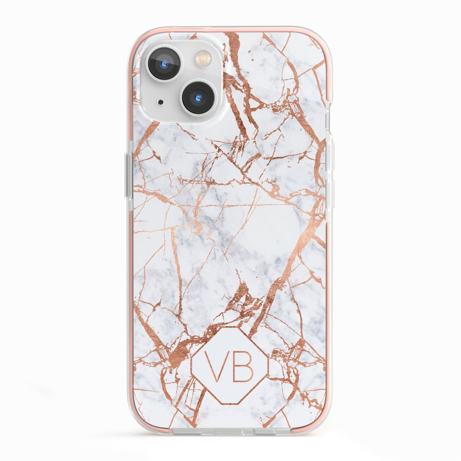 Personalised Rose Gold Vein Marble Initials iPhone 13 TPU Impact Case with Pink Edges