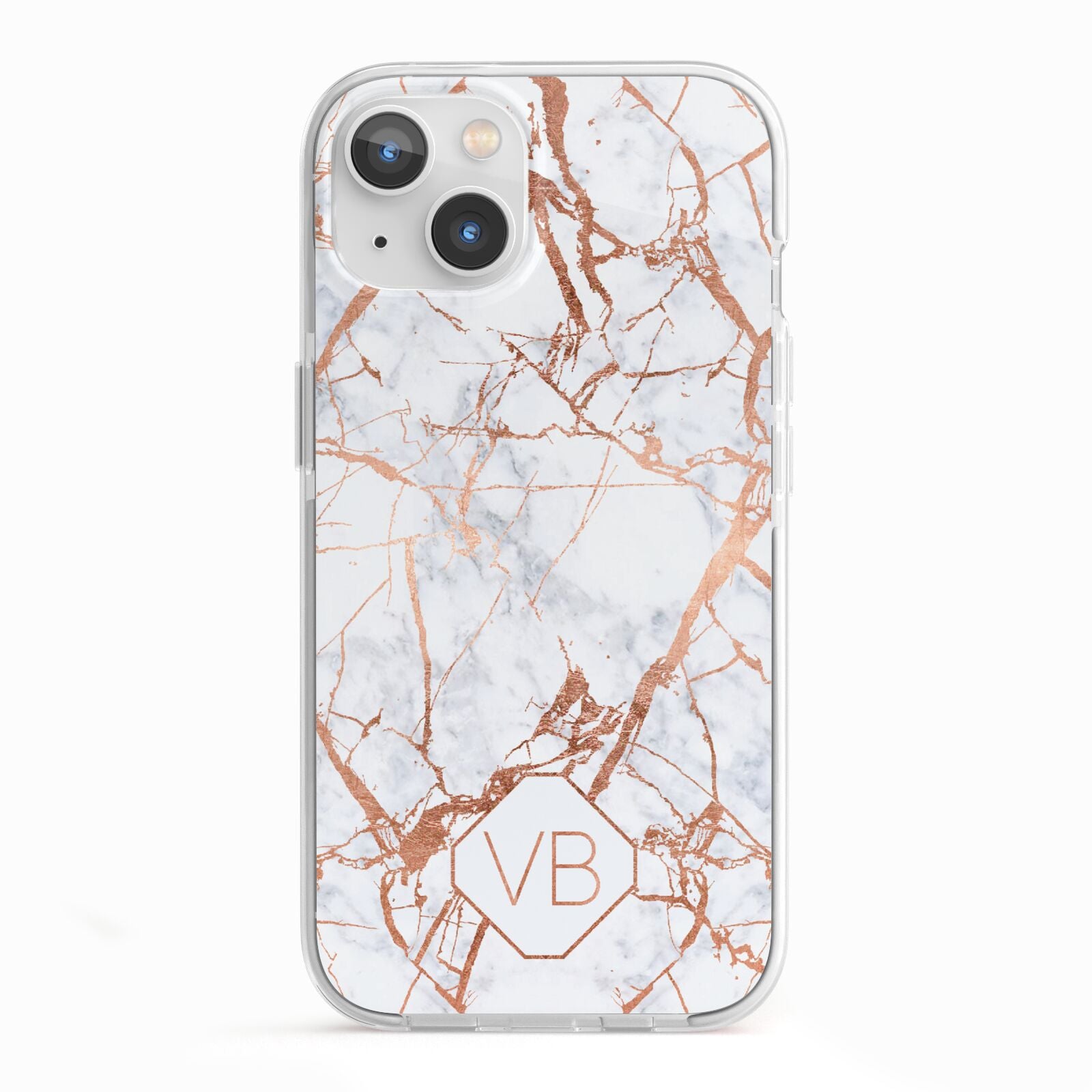 Personalised Rose Gold Vein Marble Initials iPhone 13 TPU Impact Case with White Edges