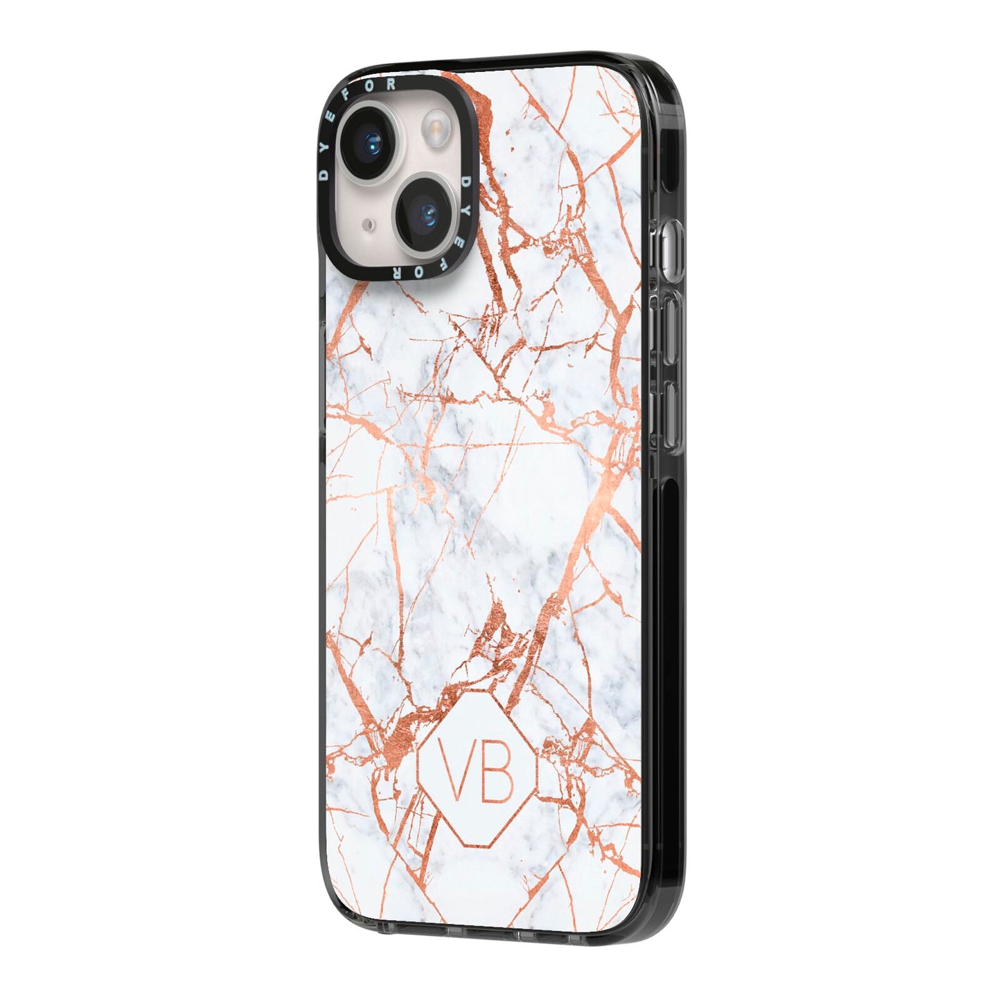 Personalised Rose Gold Vein Marble Initials iPhone 14 Black Impact Case Side Angle on Silver phone