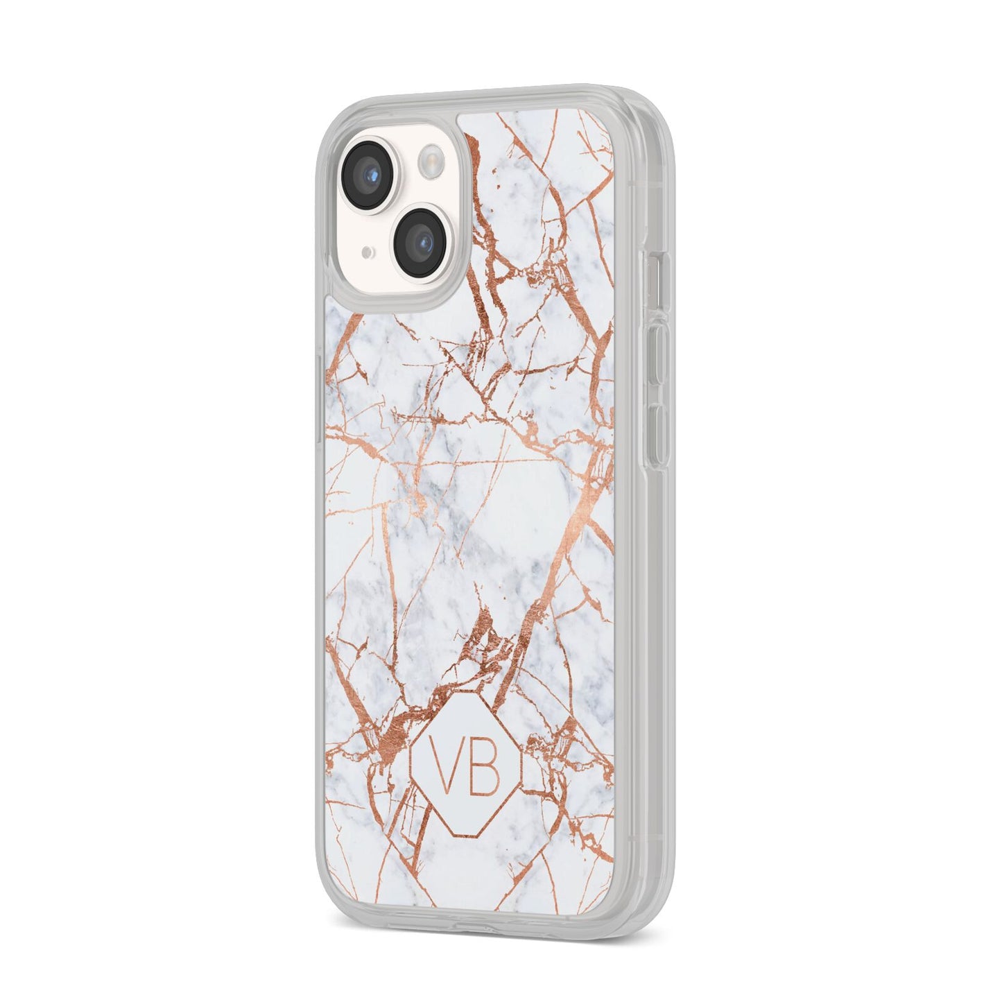 Personalised Rose Gold Vein Marble Initials iPhone 14 Clear Tough Case Starlight Angled Image