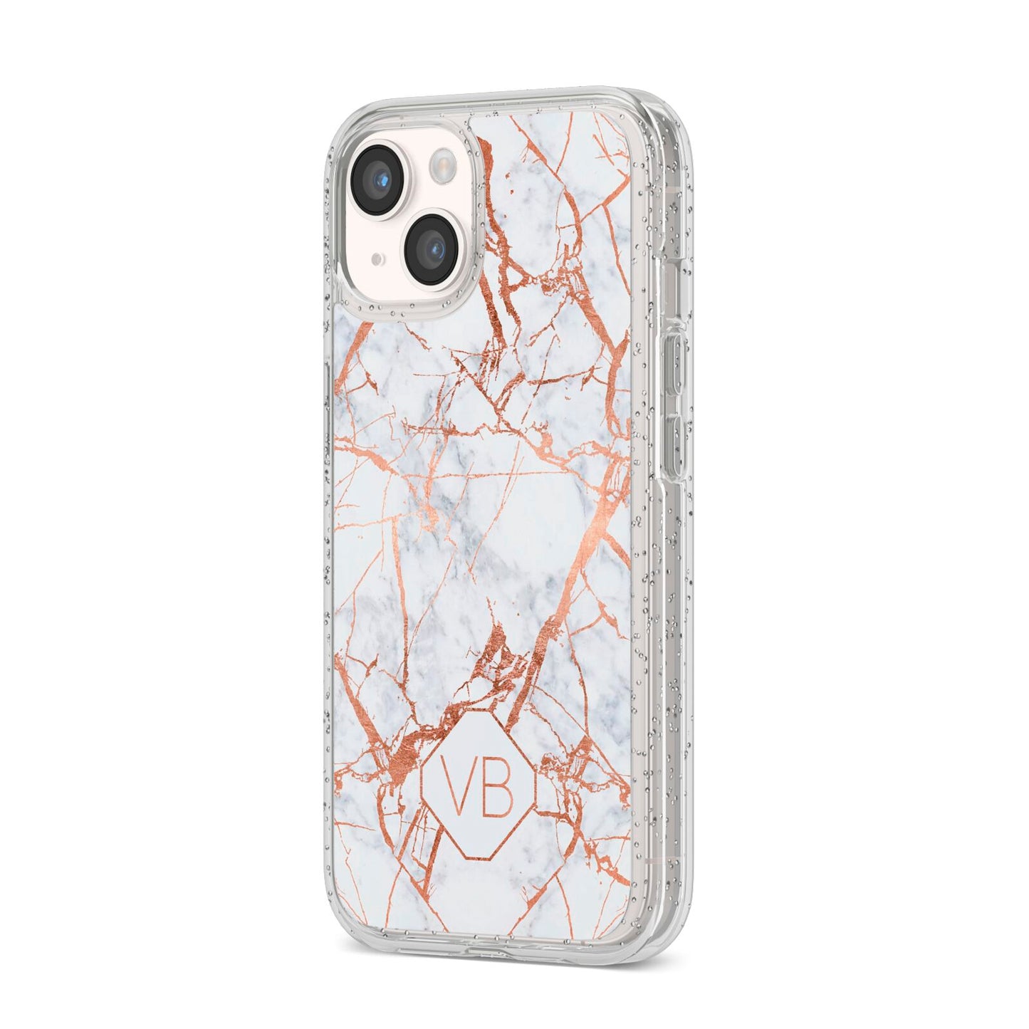 Personalised Rose Gold Vein Marble Initials iPhone 14 Glitter Tough Case Starlight Angled Image