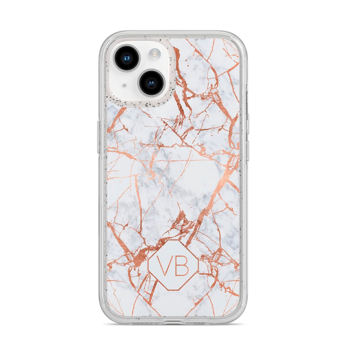 Personalised Rose Gold Vein Marble Initials iPhone 14 Glitter Tough Case Starlight