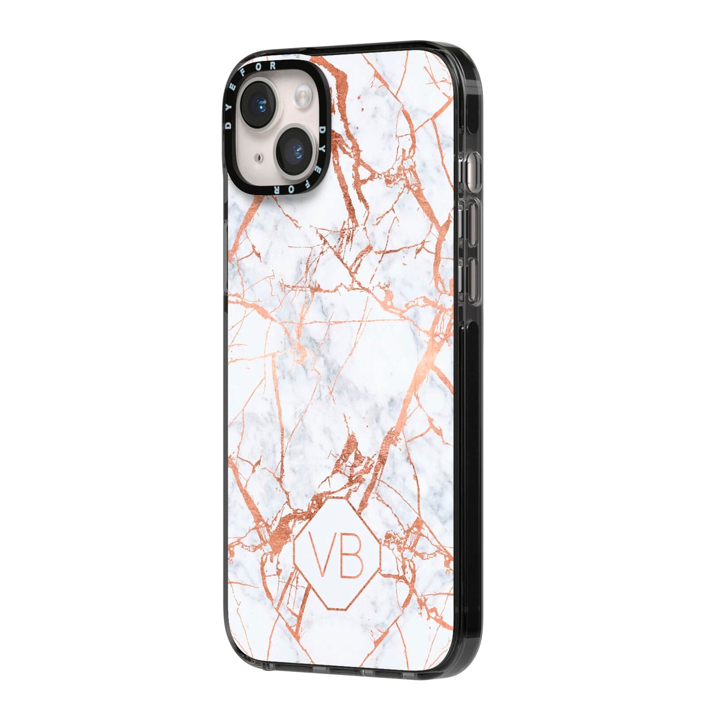 Personalised Rose Gold Vein Marble Initials iPhone 14 Plus Black Impact Case Side Angle on Silver phone