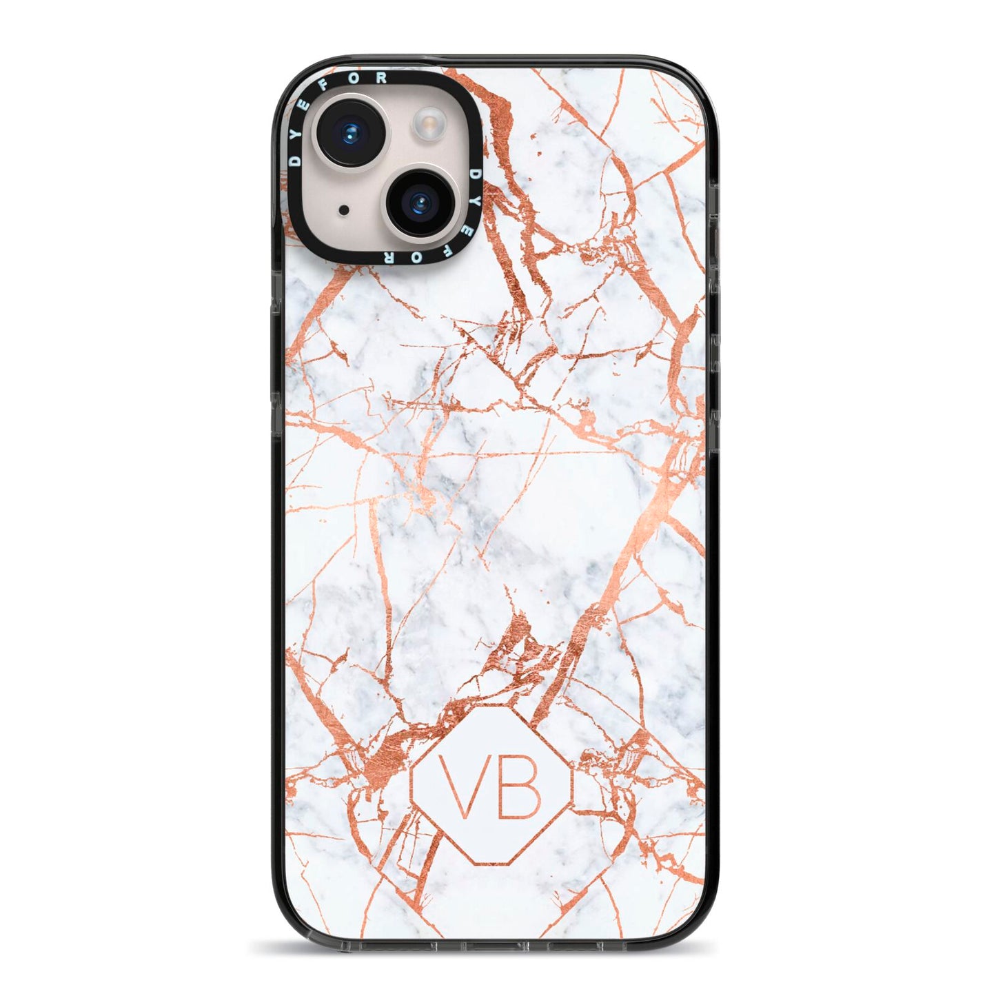 Personalised Rose Gold Vein Marble Initials iPhone 14 Plus Black Impact Case on Silver phone