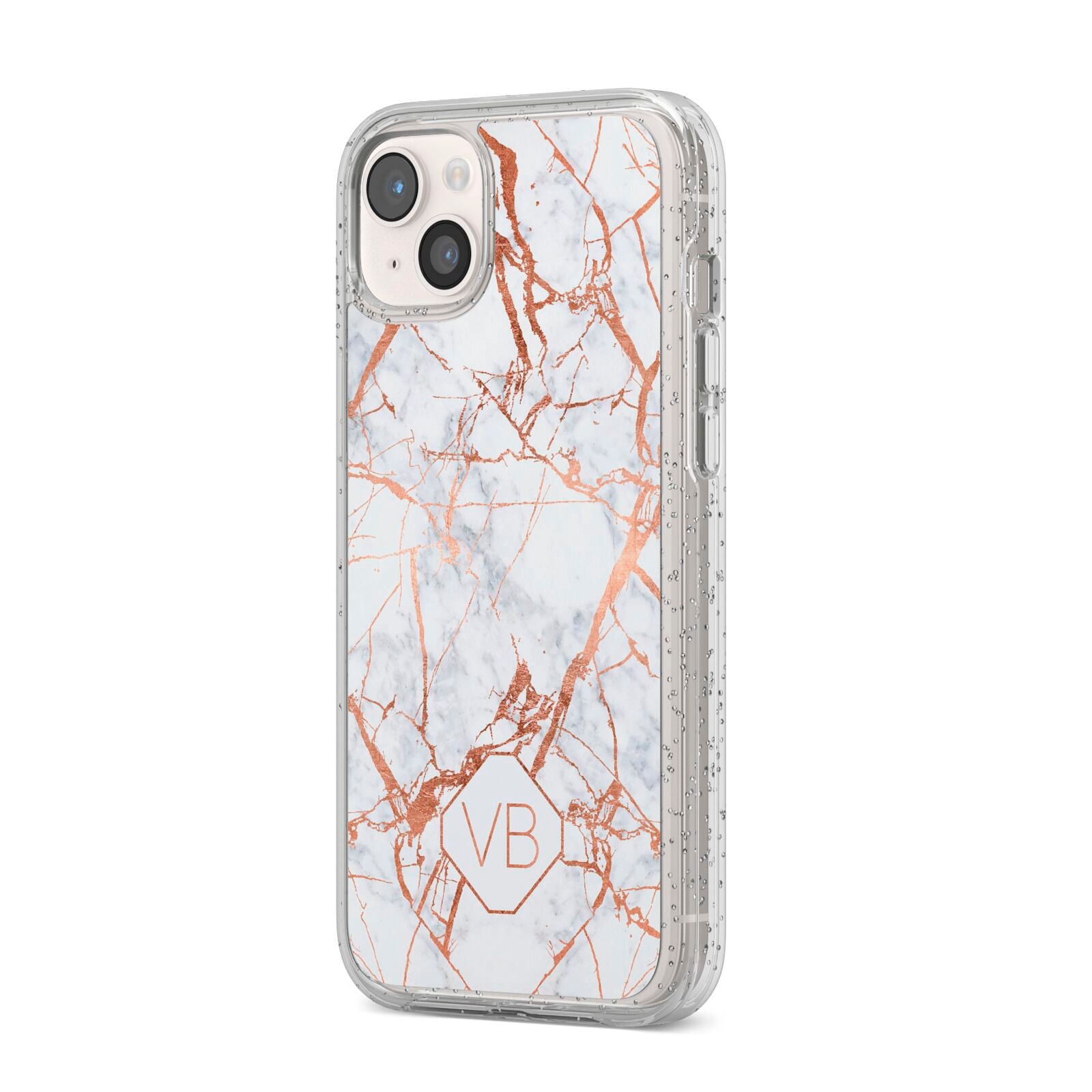 Personalised Rose Gold Vein Marble Initials iPhone 14 Plus Glitter Tough Case Starlight Angled Image