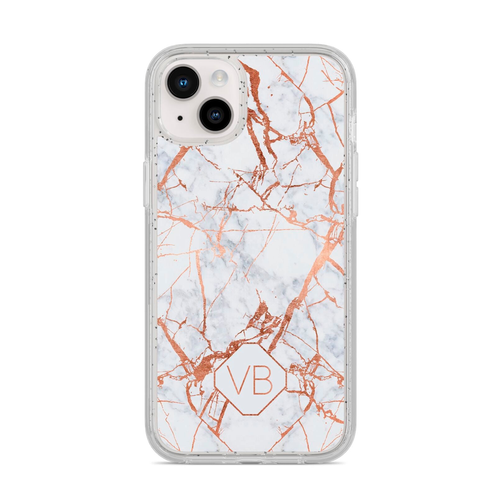 Personalised Rose Gold Vein Marble Initials iPhone 14 Plus Glitter Tough Case Starlight