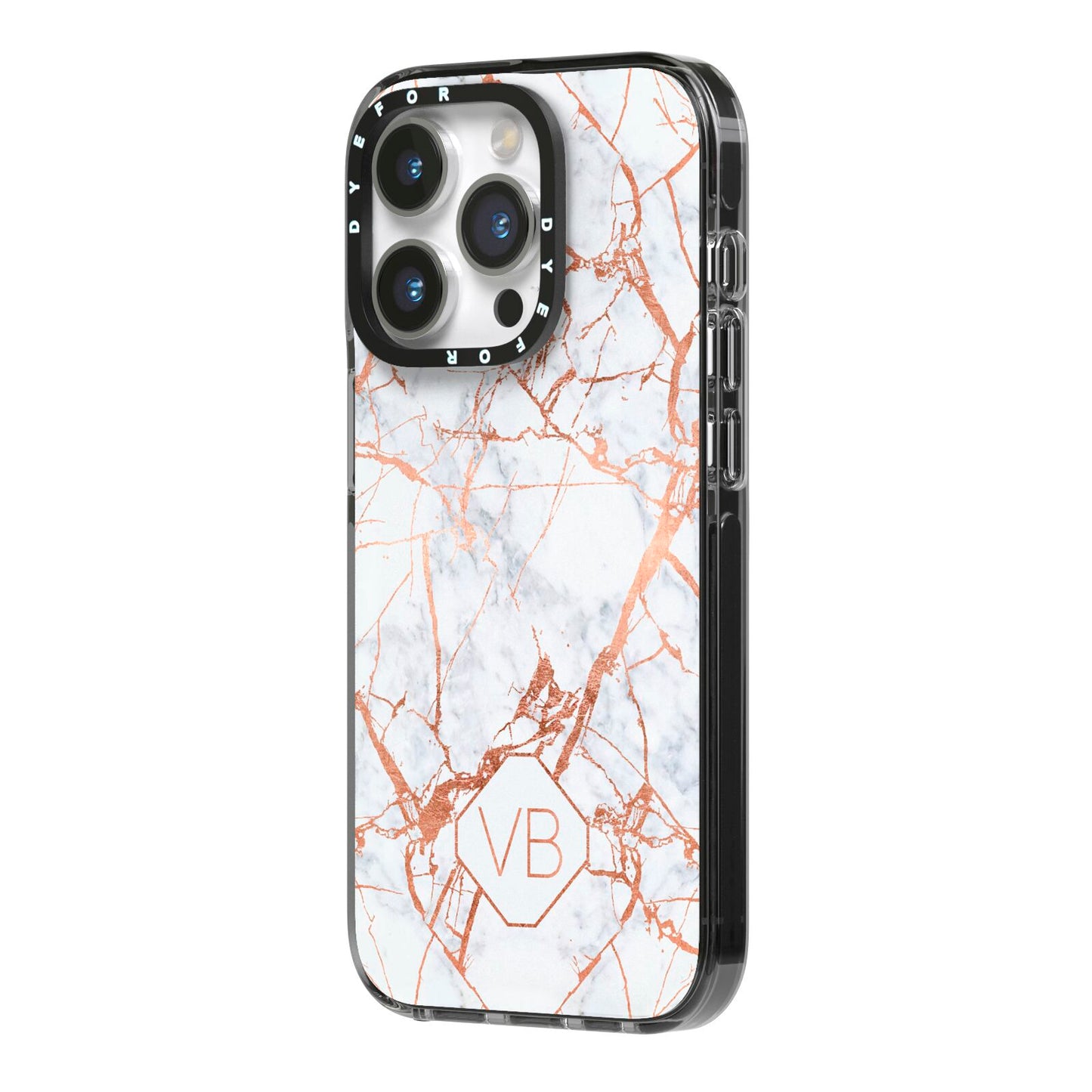 Personalised Rose Gold Vein Marble Initials iPhone 14 Pro Black Impact Case Side Angle on Silver phone
