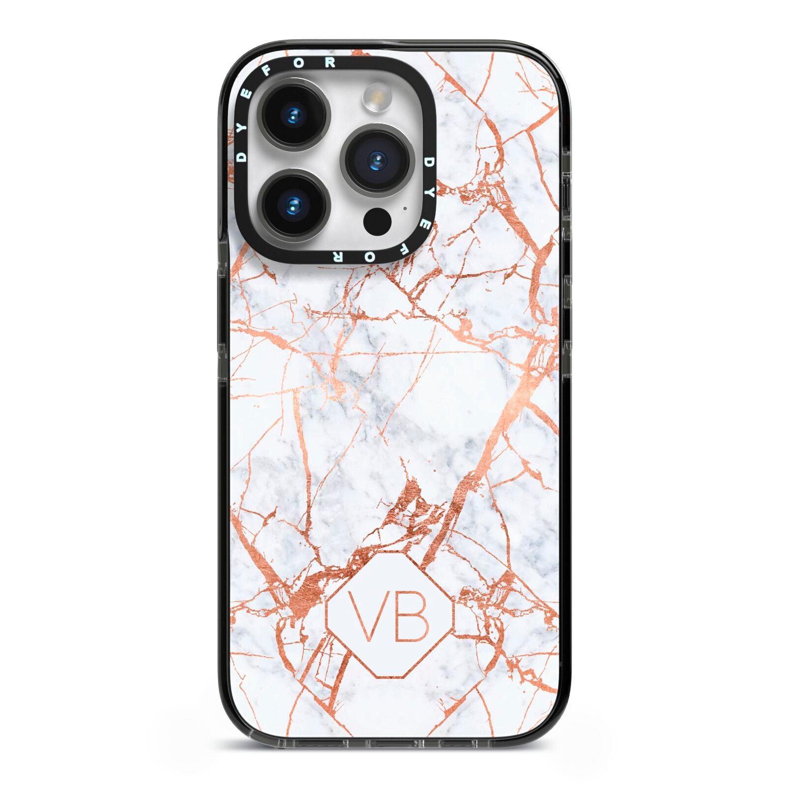 Personalised Rose Gold Vein Marble Initials iPhone 14 Pro Black Impact Case on Silver phone