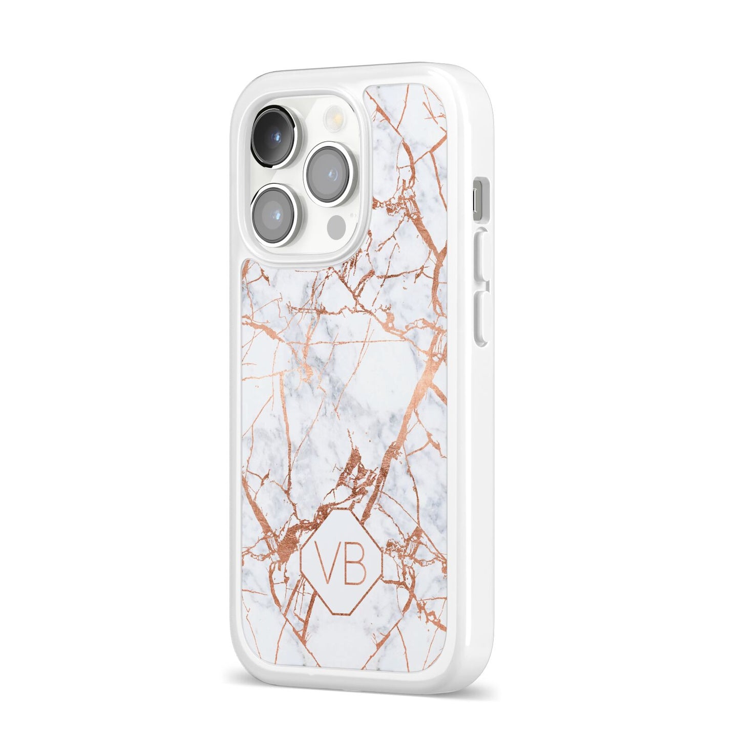Personalised Rose Gold Vein Marble Initials iPhone 14 Pro Clear Tough Case Silver Angled Image