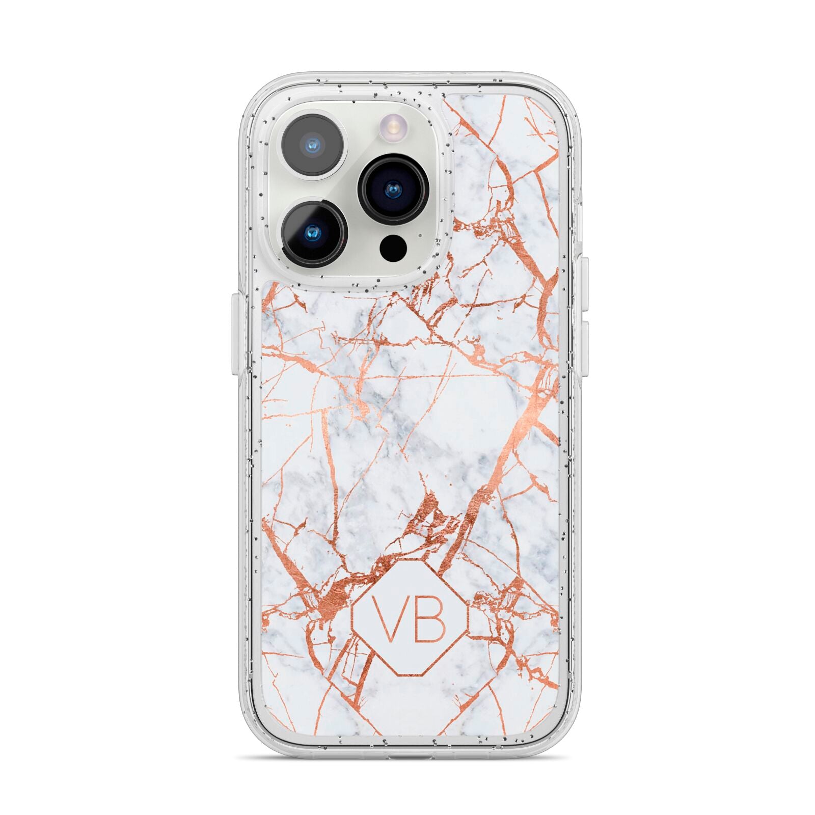 Personalised Rose Gold Vein Marble Initials iPhone 14 Pro Glitter Tough Case Silver