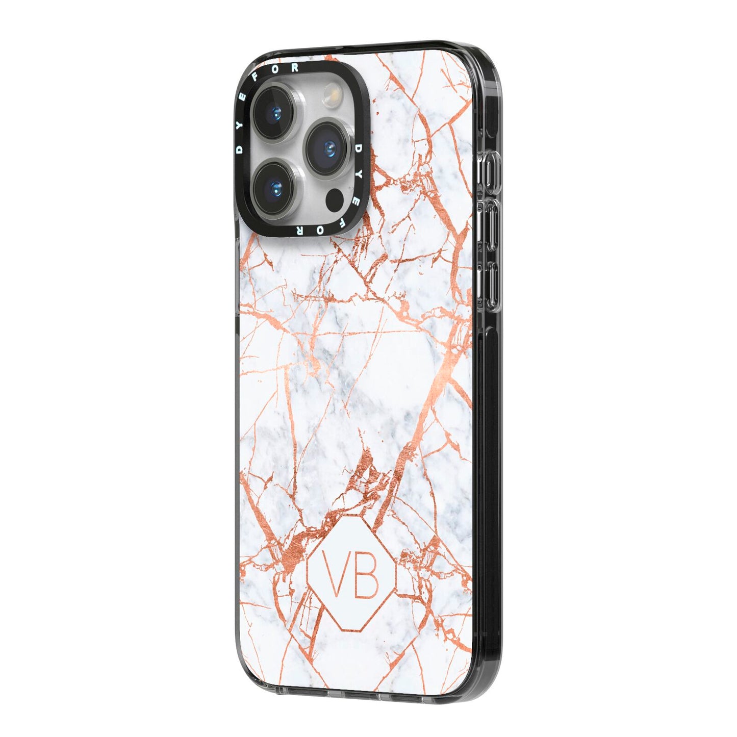 Personalised Rose Gold Vein Marble Initials iPhone 14 Pro Max Black Impact Case Side Angle on Silver phone