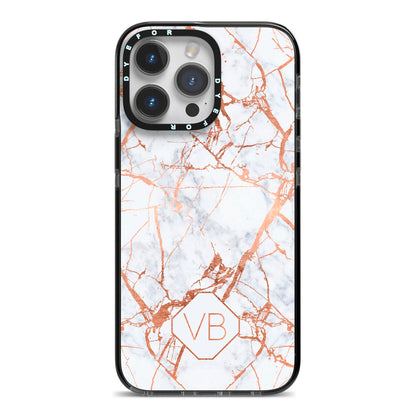 Personalised Rose Gold Vein Marble Initials iPhone 14 Pro Max Black Impact Case on Silver phone