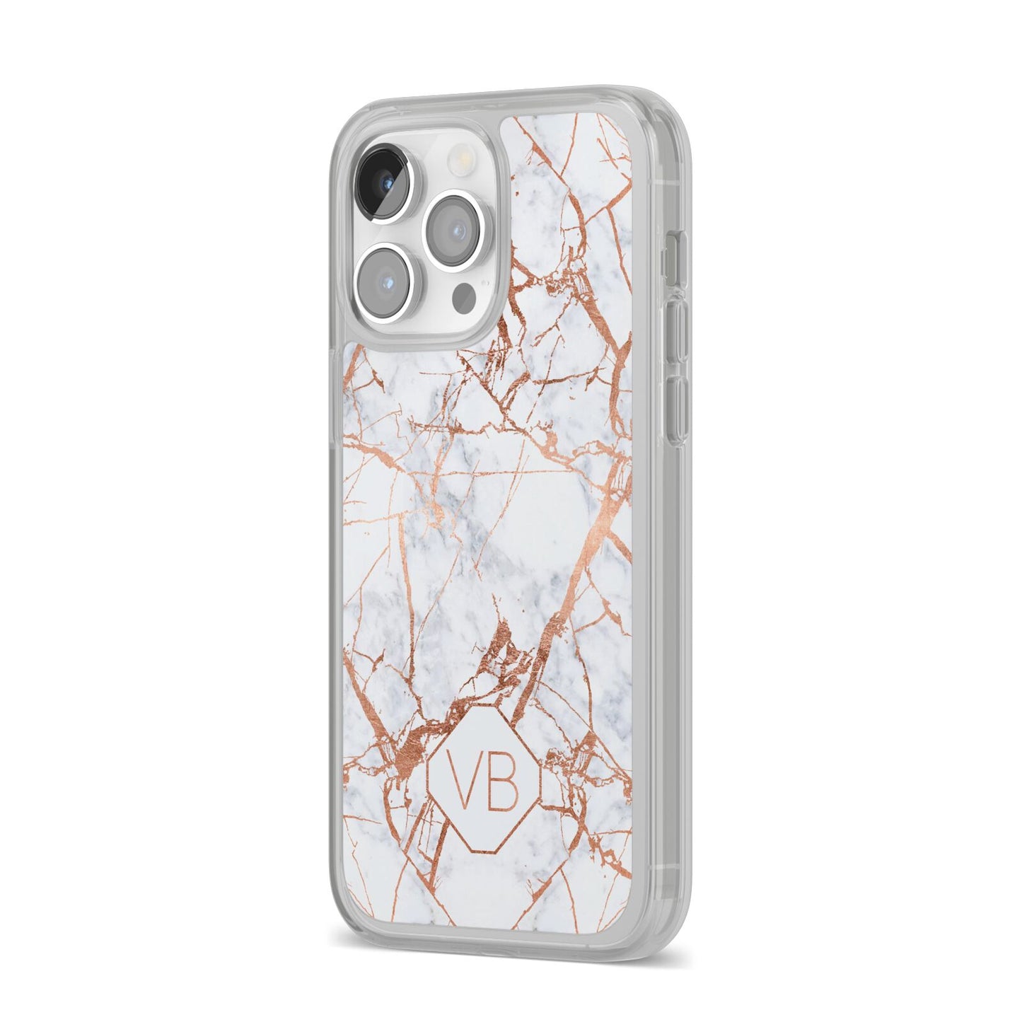 Personalised Rose Gold Vein Marble Initials iPhone 14 Pro Max Clear Tough Case Silver Angled Image