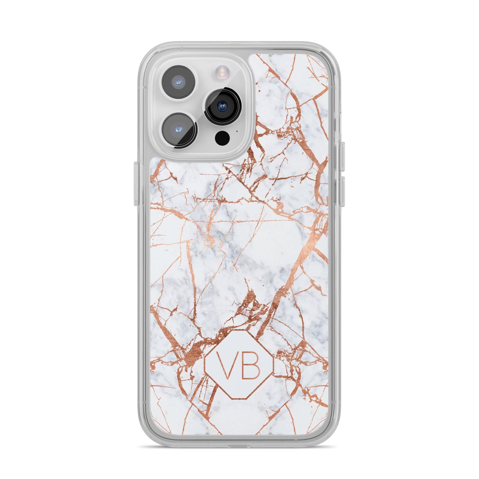 Personalised Rose Gold Vein Marble Initials iPhone 14 Pro Max Clear Tough Case Silver