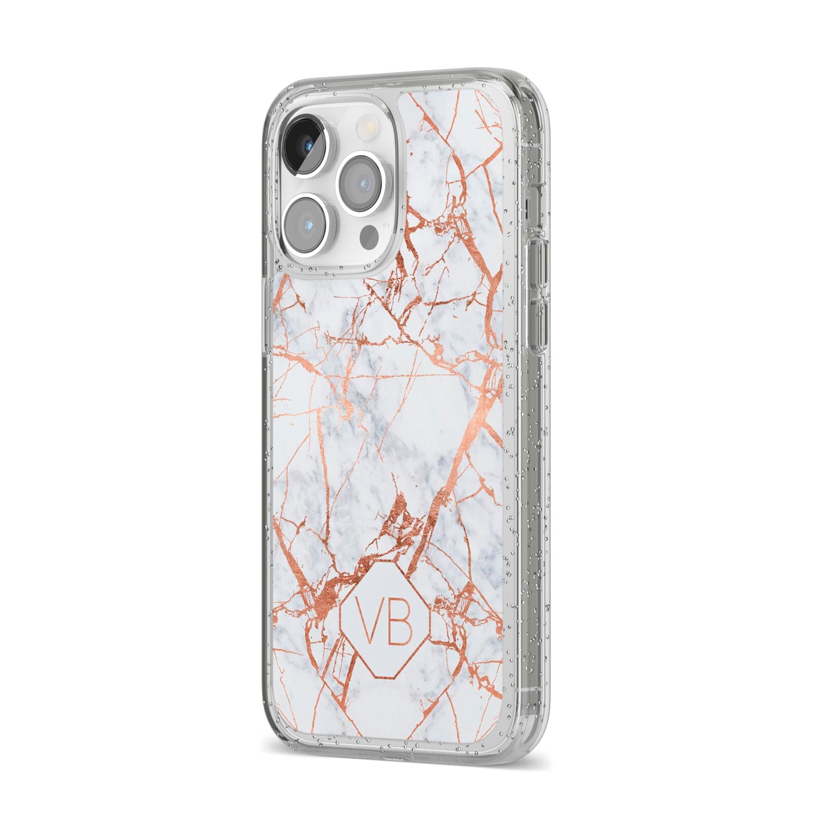 Personalised Rose Gold Vein Marble Initials iPhone 14 Pro Max Glitter Tough Case Silver Angled Image