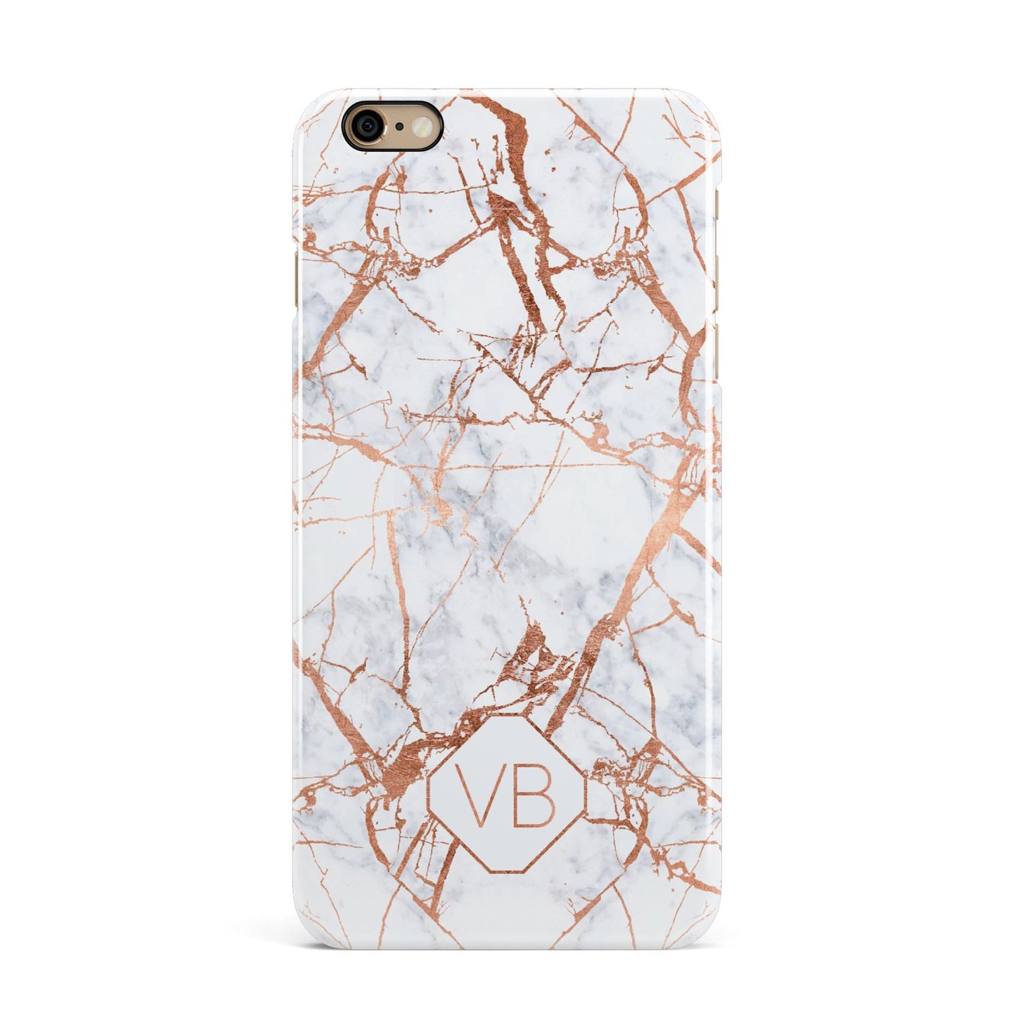 Personalised Rose Gold Vein Marble Initials iPhone 6 Plus 3D Snap Case on Gold Phone