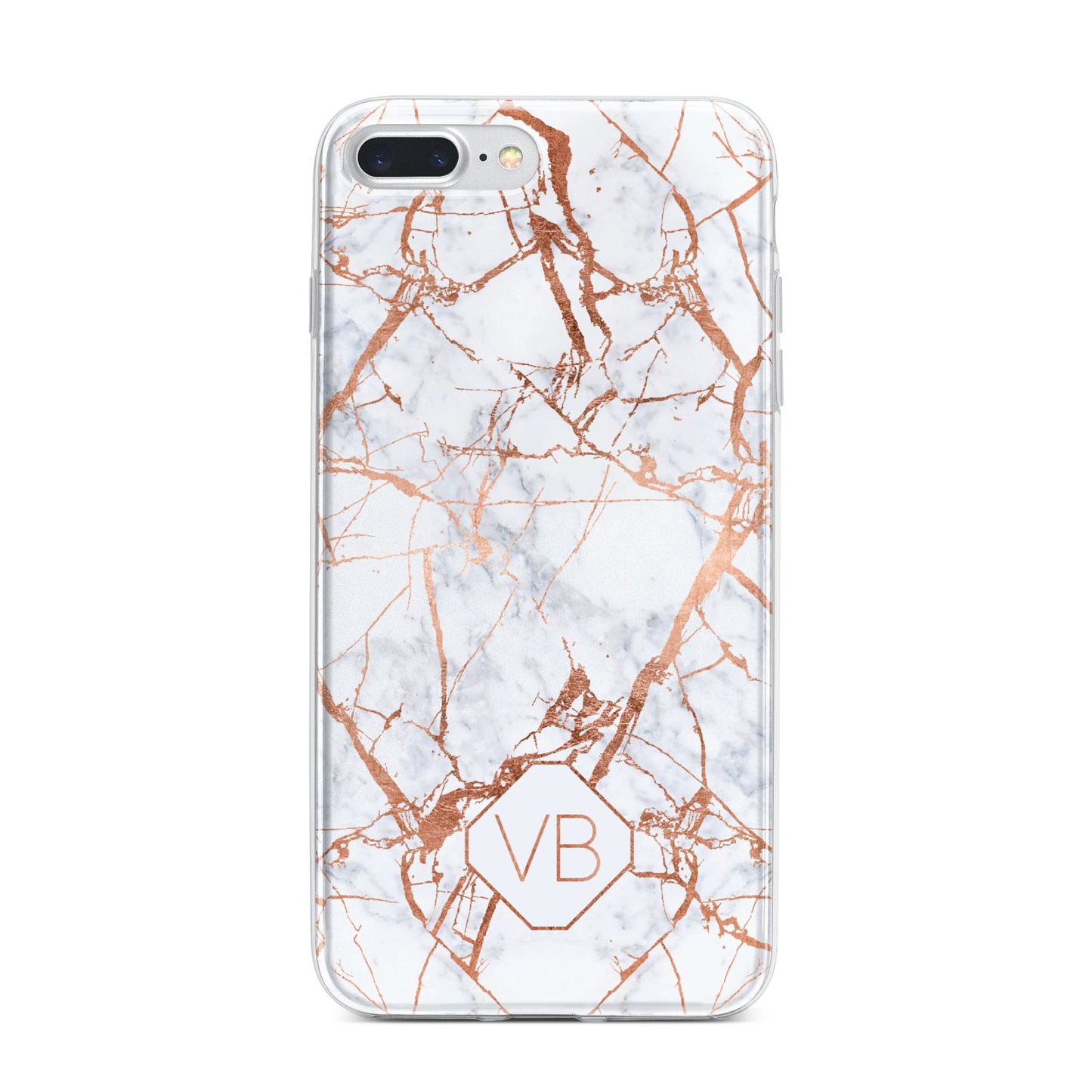Personalised Rose Gold Vein Marble Initials iPhone 7 Plus Bumper Case on Silver iPhone