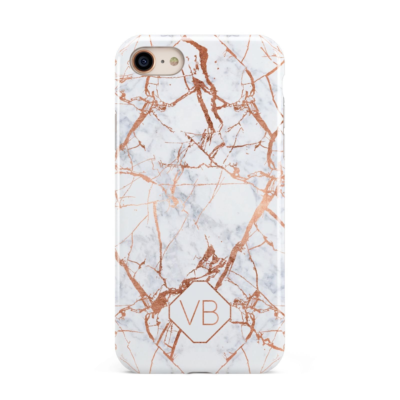 Personalised Rose Gold Vein Marble Initials iPhone 8 3D Tough Case on Gold Phone