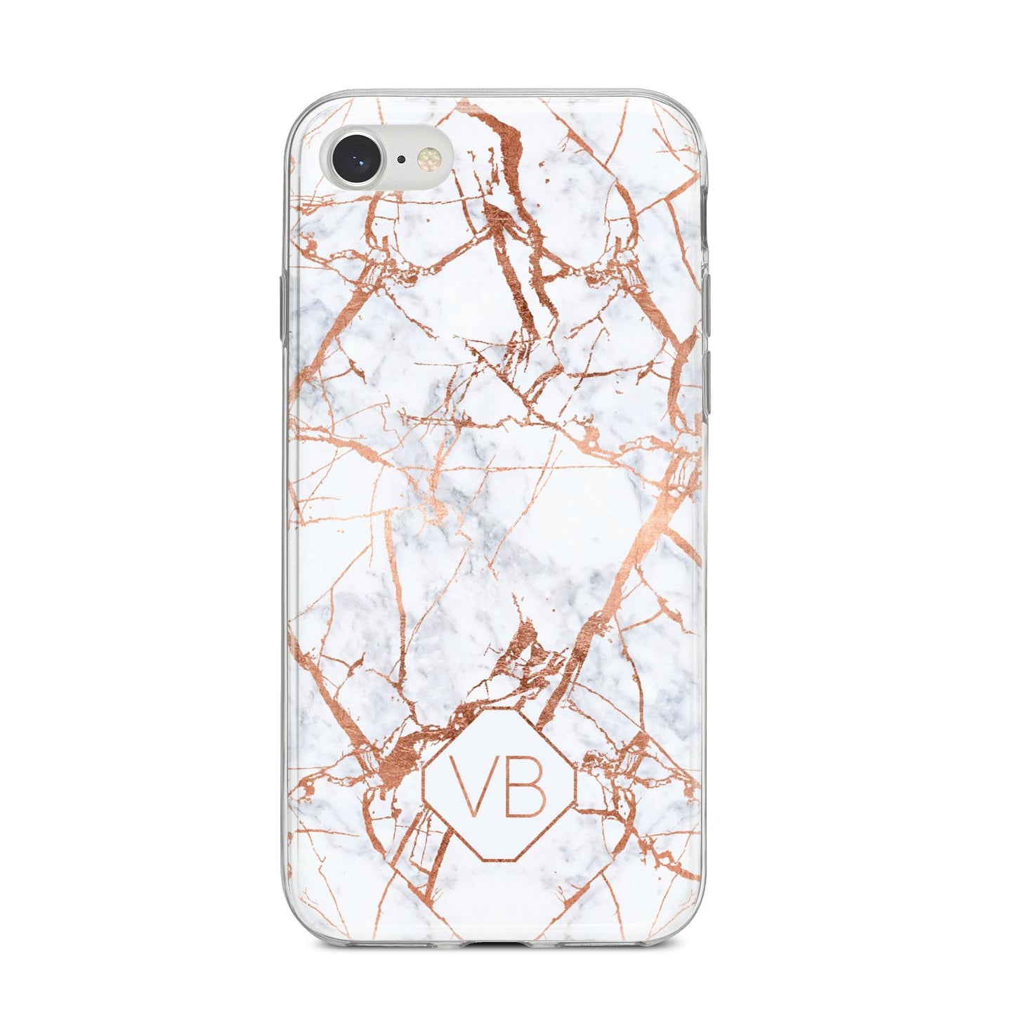 Personalised Rose Gold Vein Marble Initials iPhone 8 Bumper Case on Silver iPhone
