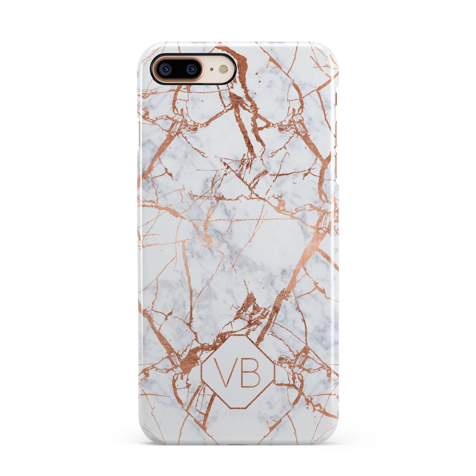 Personalised Rose Gold Vein Marble Initials iPhone 8 Plus 3D Snap Case on Gold Phone