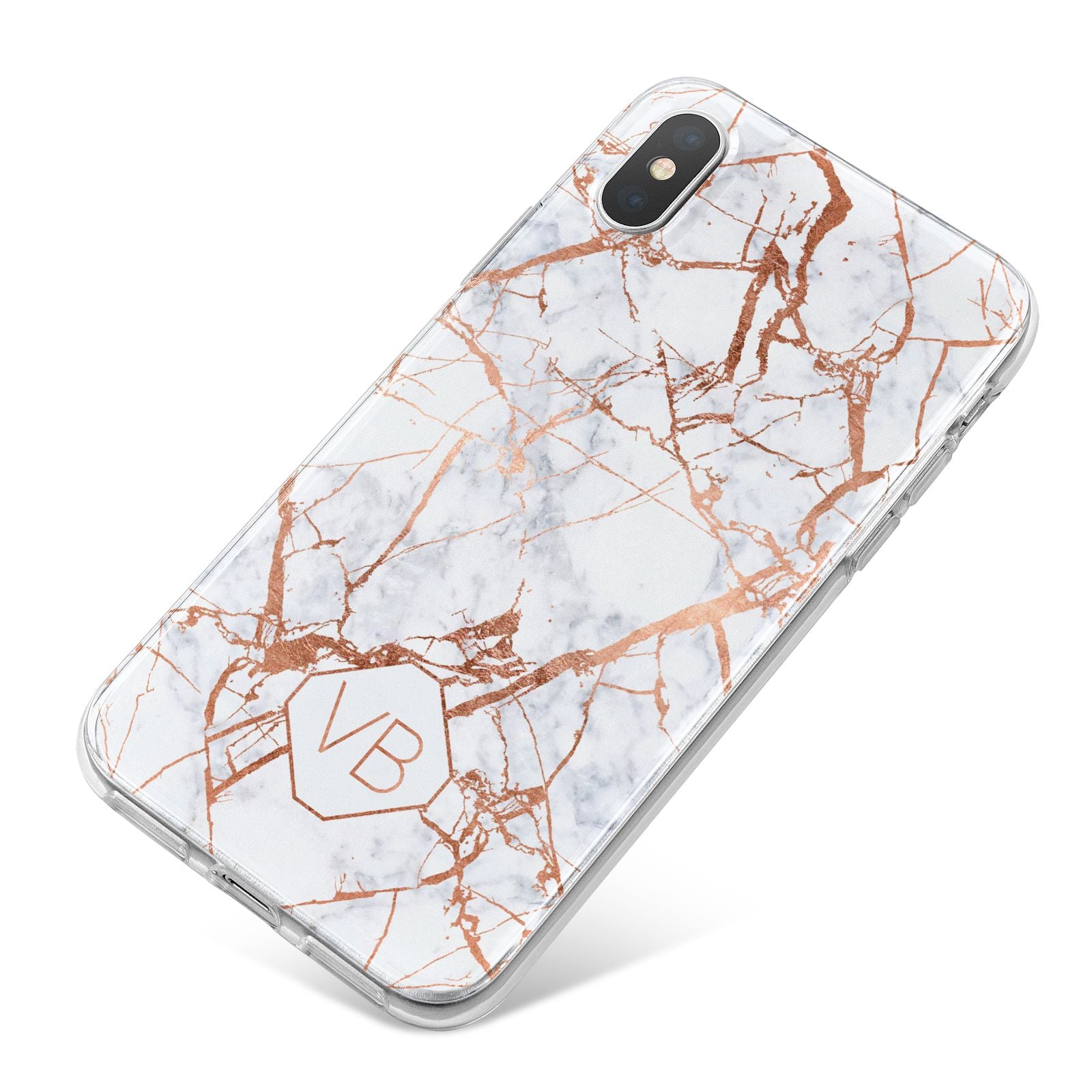 Personalised Rose Gold Vein Marble Initials iPhone X Bumper Case on Silver iPhone