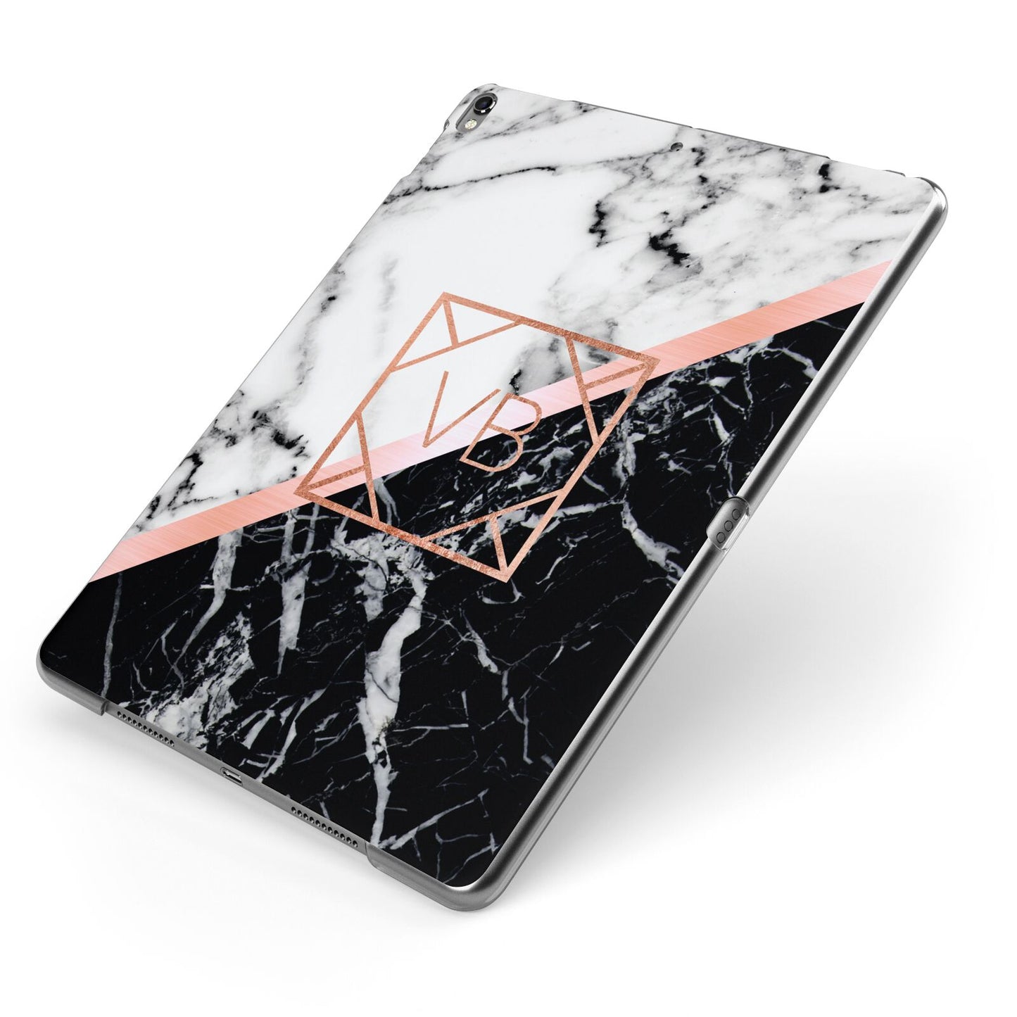 Personalised Rose Gold With Marble Initials Apple iPad Case on Grey iPad Side View