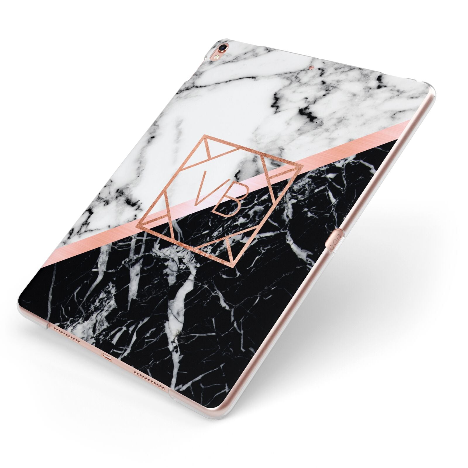 Personalised Rose Gold With Marble Initials Apple iPad Case on Rose Gold iPad Side View