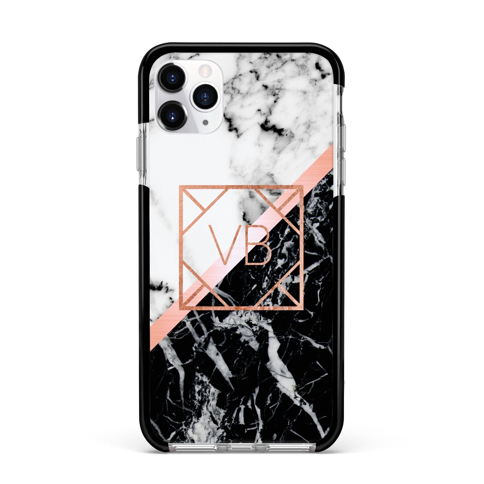 Personalised Rose Gold With Marble Initials Apple iPhone 11 Pro Max in Silver with Black Impact Case