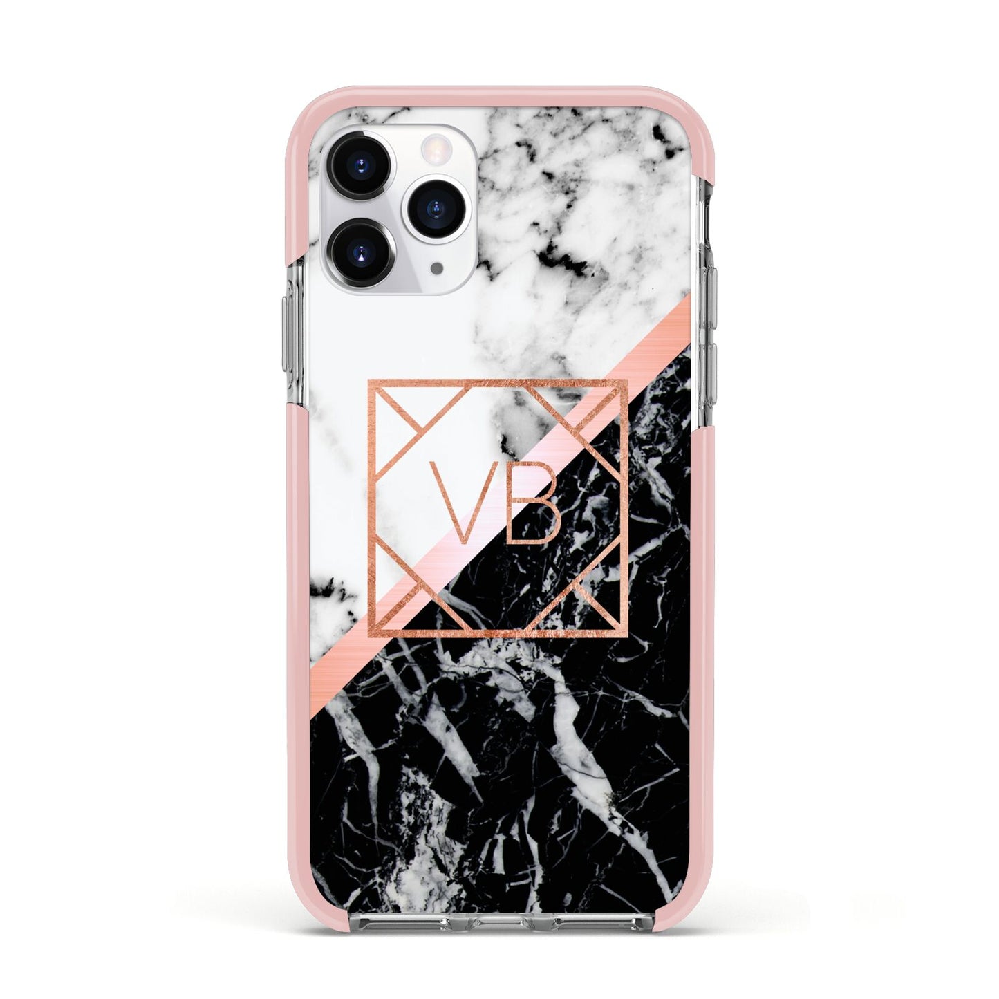 Personalised Rose Gold With Marble Initials Apple iPhone 11 Pro in Silver with Pink Impact Case