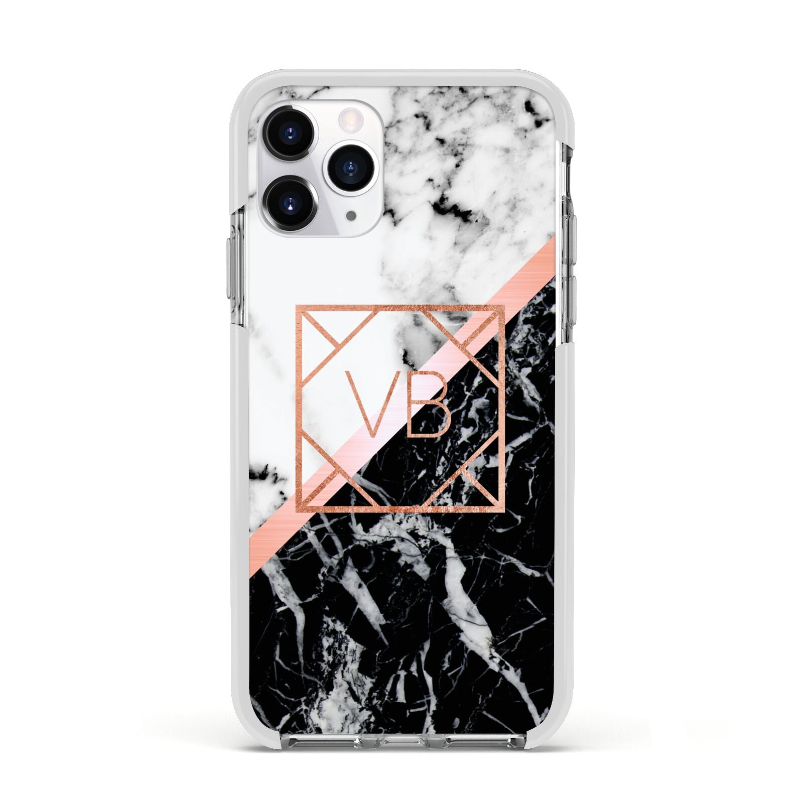 Personalised Rose Gold With Marble Initials Apple iPhone 11 Pro in Silver with White Impact Case