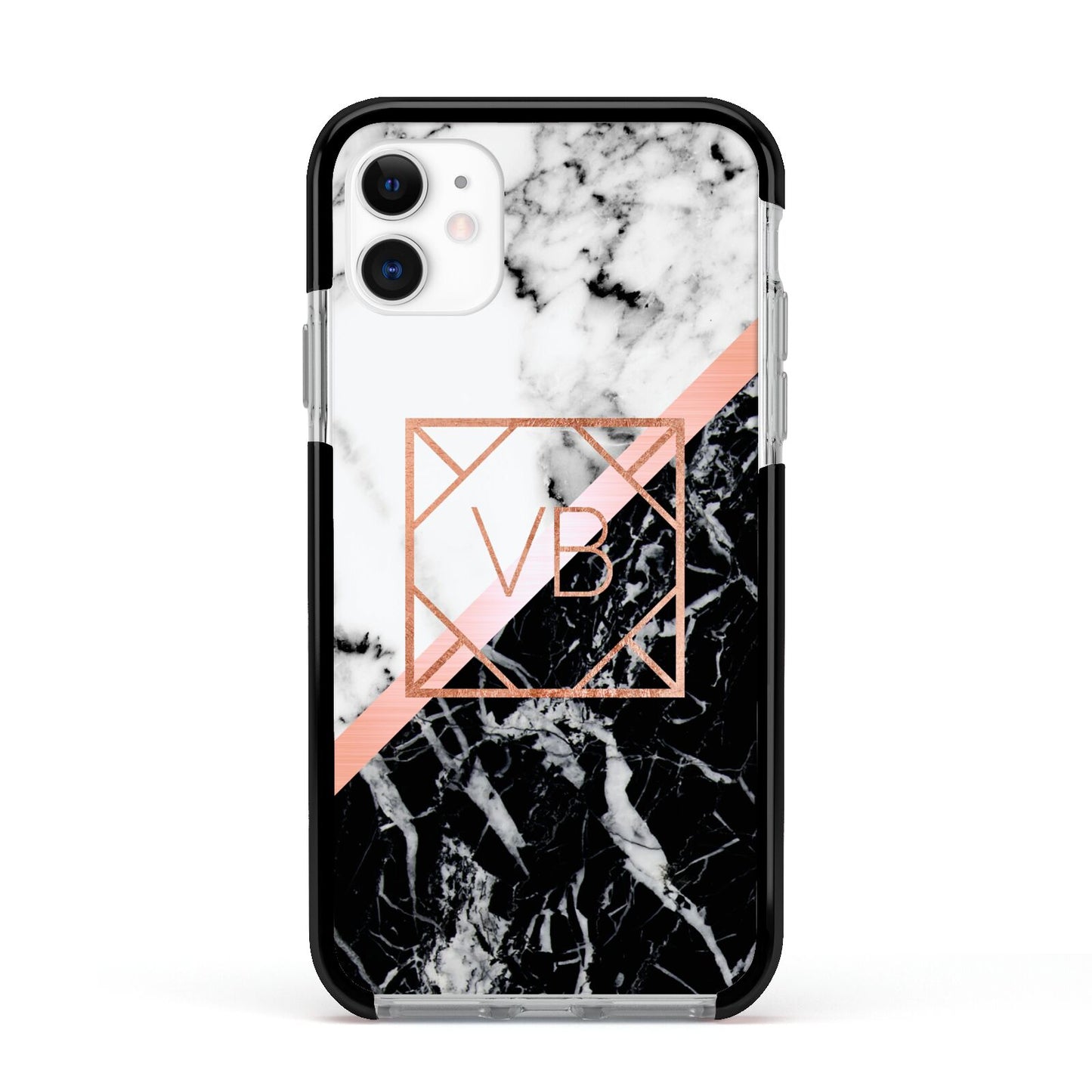 Personalised Rose Gold With Marble Initials Apple iPhone 11 in White with Black Impact Case