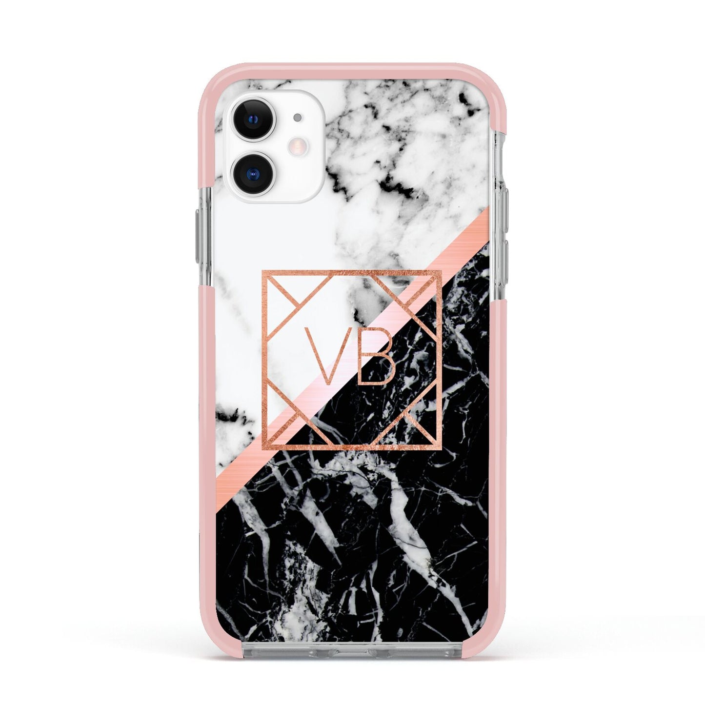 Personalised Rose Gold With Marble Initials Apple iPhone 11 in White with Pink Impact Case
