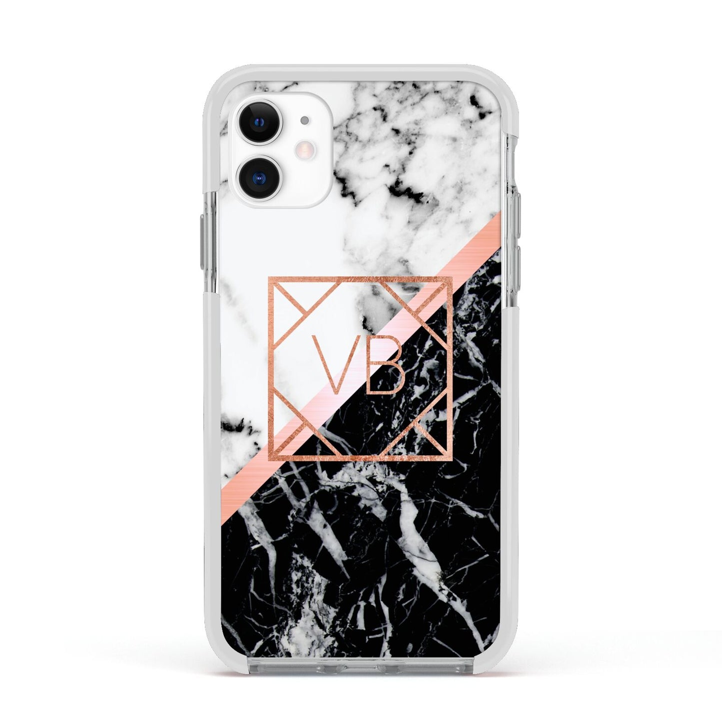Personalised Rose Gold With Marble Initials Apple iPhone 11 in White with White Impact Case