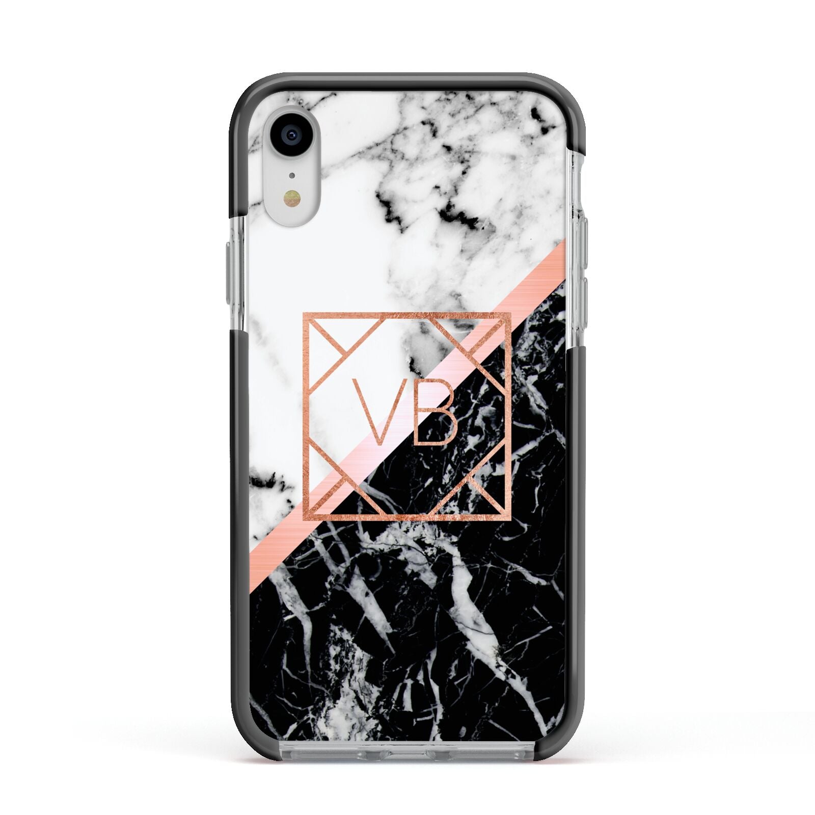 Personalised Rose Gold With Marble Initials Apple iPhone XR Impact Case Black Edge on Silver Phone