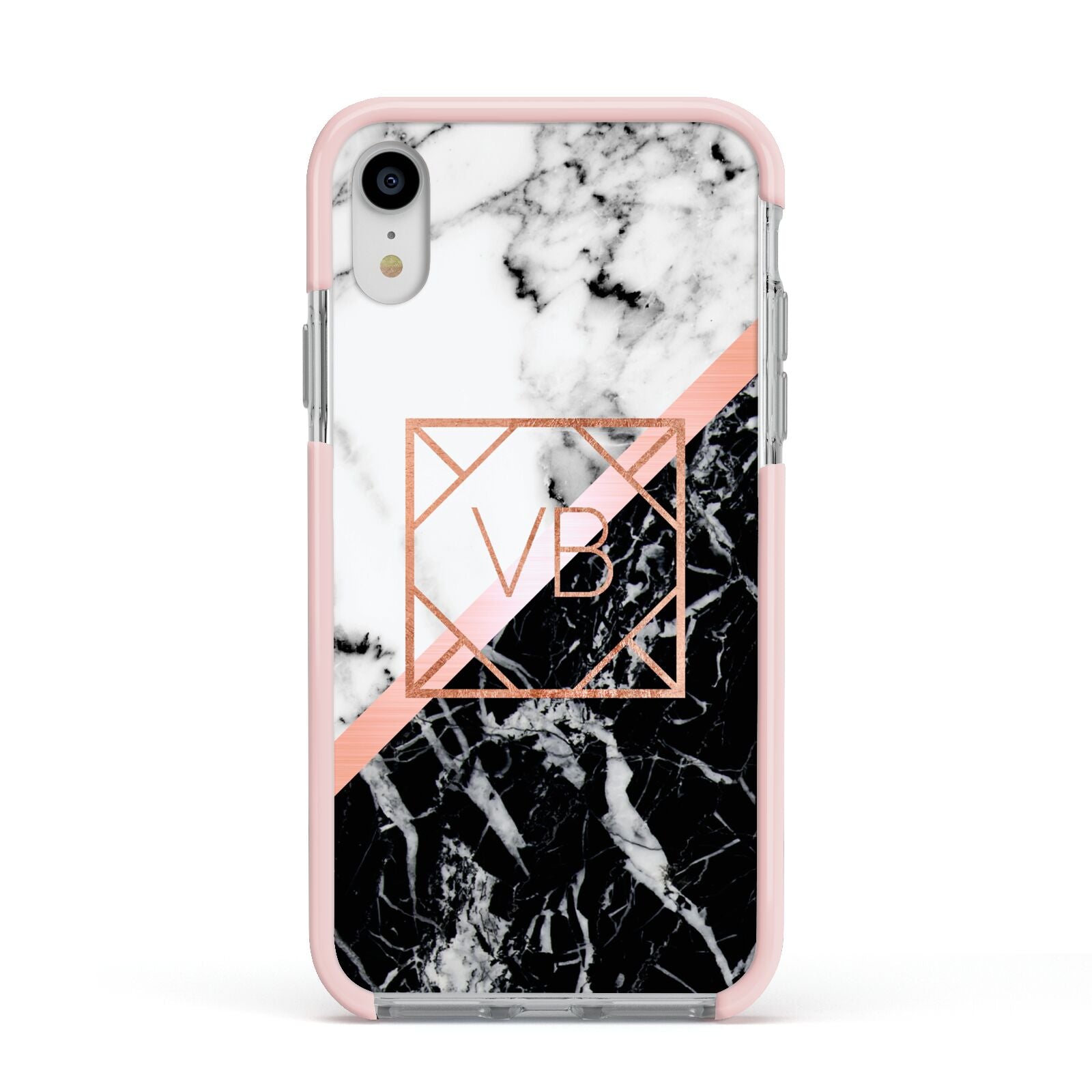 Personalised Rose Gold With Marble Initials Apple iPhone XR Impact Case Pink Edge on Silver Phone