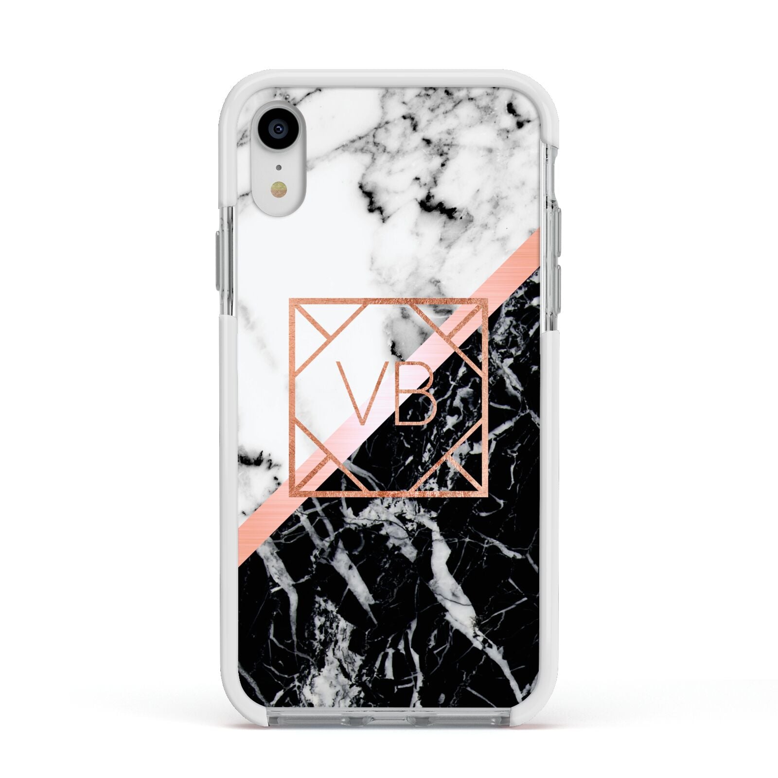 Personalised Rose Gold With Marble Initials Apple iPhone XR Impact Case White Edge on Silver Phone