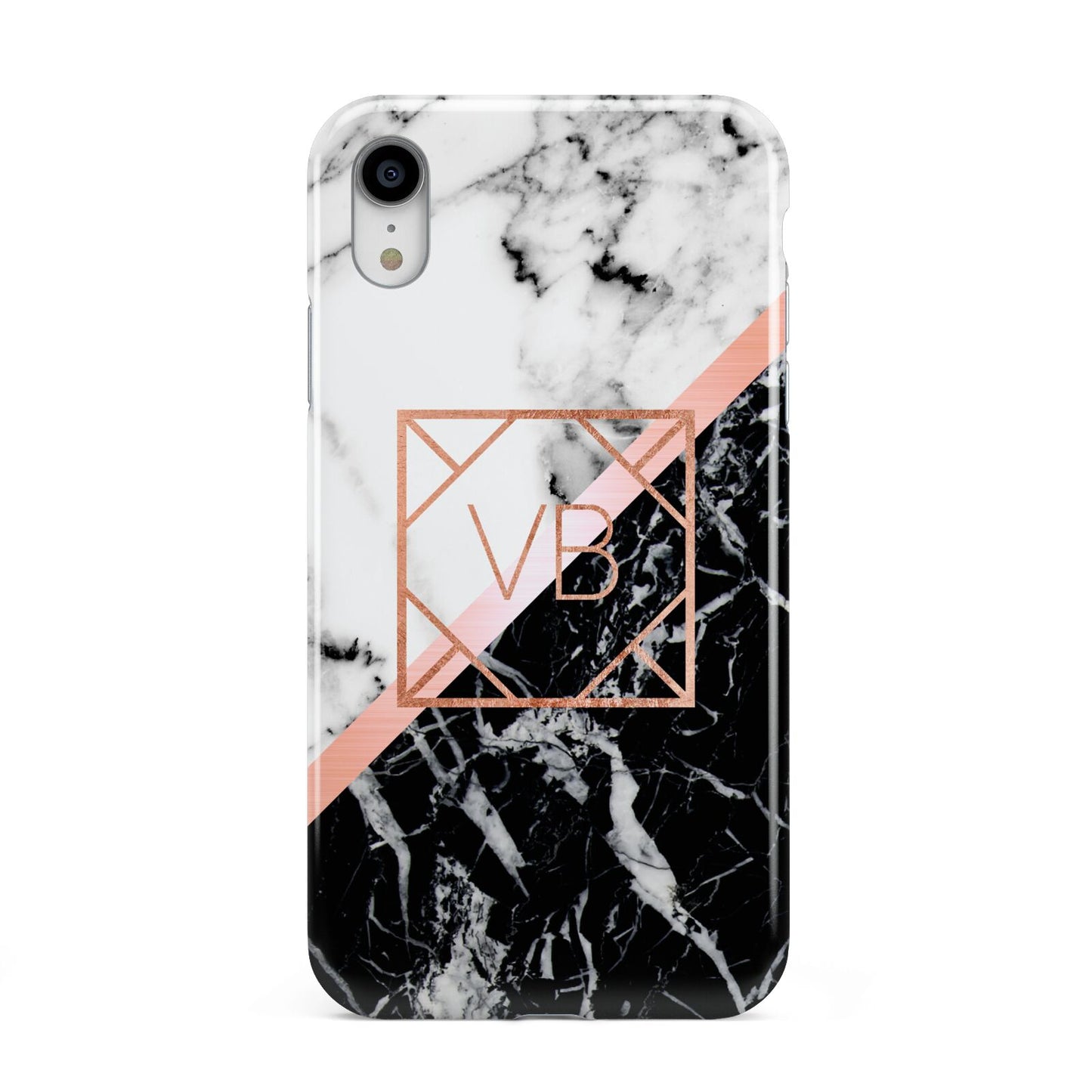 Personalised Rose Gold With Marble Initials Apple iPhone XR White 3D Tough Case