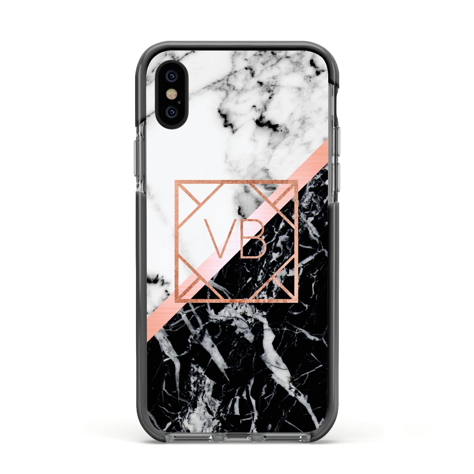 Personalised Rose Gold With Marble Initials Apple iPhone Xs Impact Case Black Edge on Black Phone