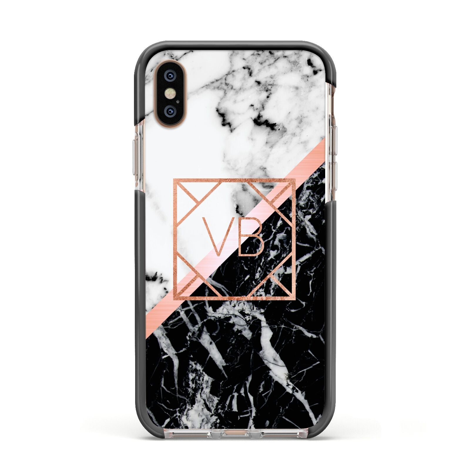Personalised Rose Gold With Marble Initials Apple iPhone Xs Impact Case Black Edge on Gold Phone