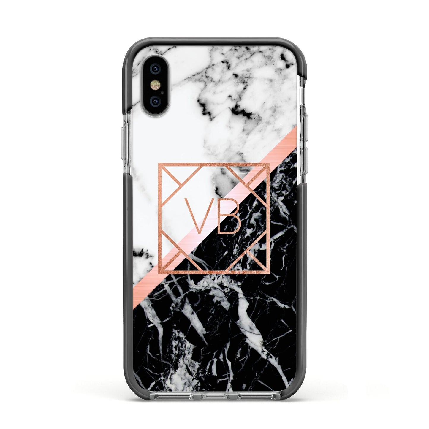 Personalised Rose Gold With Marble Initials Apple iPhone Xs Impact Case Black Edge on Silver Phone
