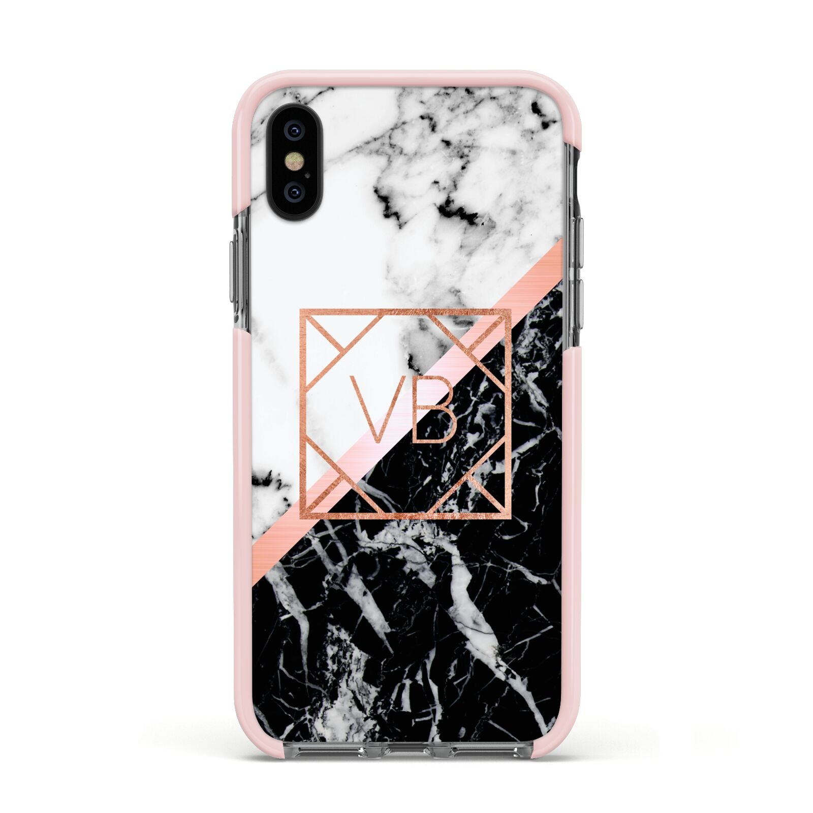 Personalised Rose Gold With Marble Initials Apple iPhone Xs Impact Case Pink Edge on Black Phone
