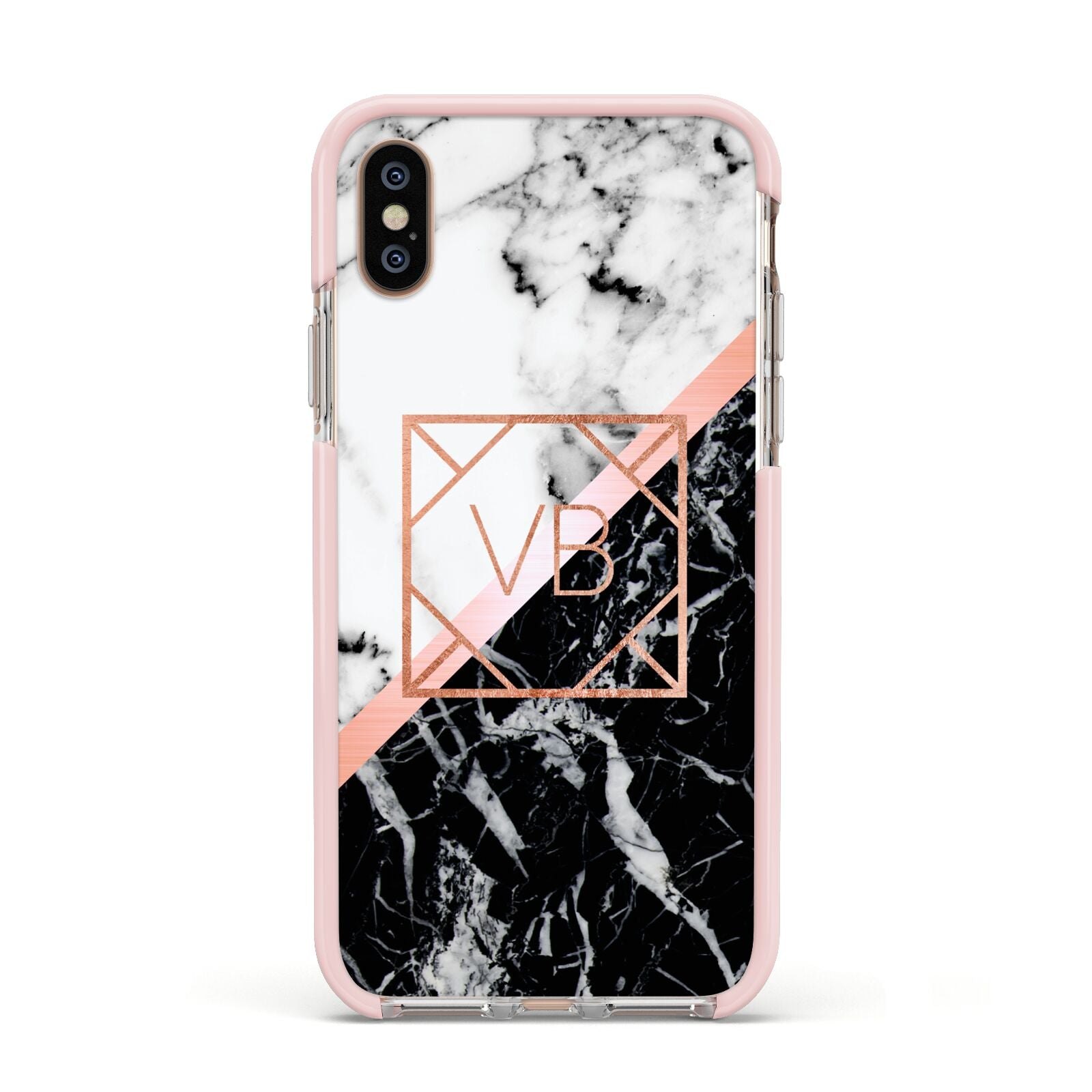 Personalised Rose Gold With Marble Initials Apple iPhone Xs Impact Case Pink Edge on Gold Phone