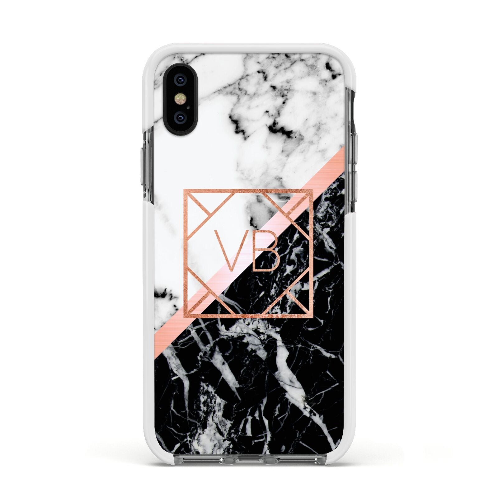 Personalised Rose Gold With Marble Initials Apple iPhone Xs Impact Case White Edge on Black Phone